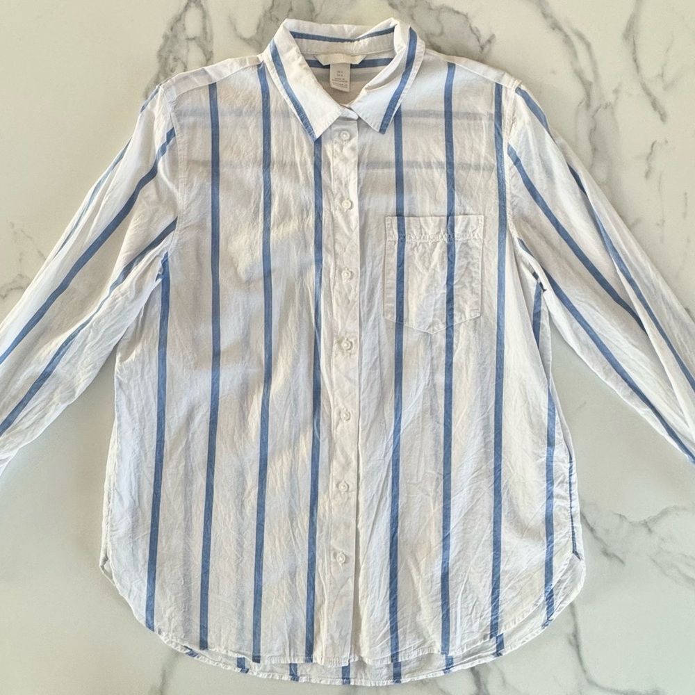 H&M Striped Button-Up Shirt in Blue and White